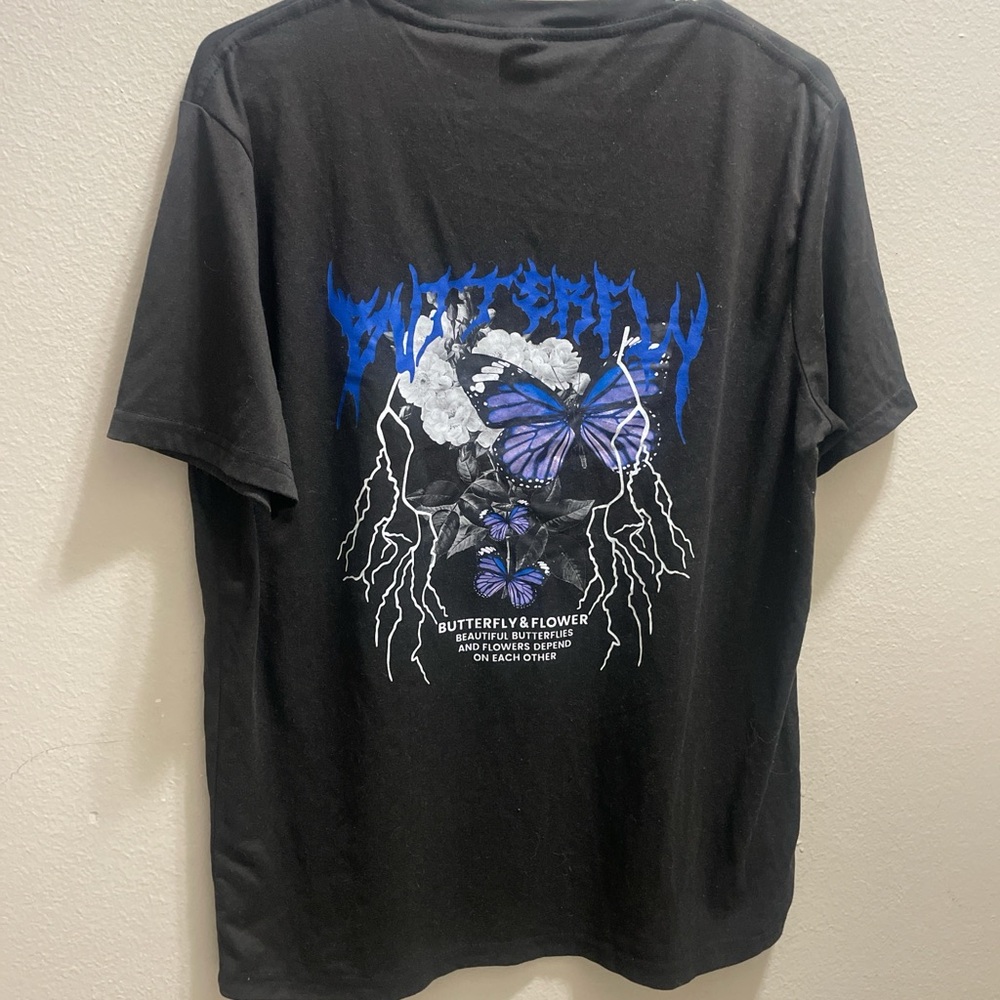 Hot Topic Black Tee with Blue Butterfly and Lightning Design